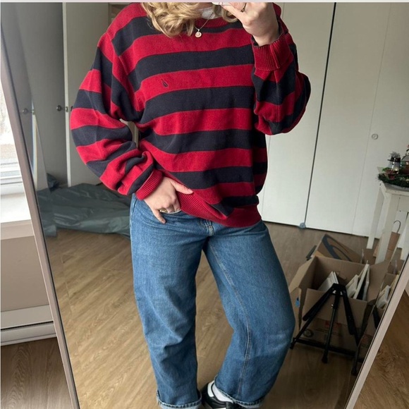 Nautica Sweaters - Nautica Red and Navy Blue Striped Knit Sweater